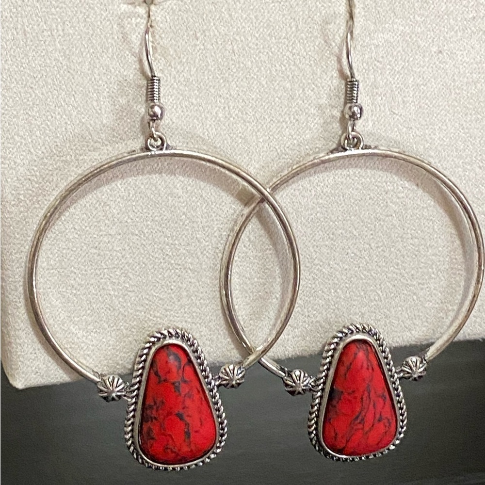 🎉❤️ Silver Red Hoop Earrings